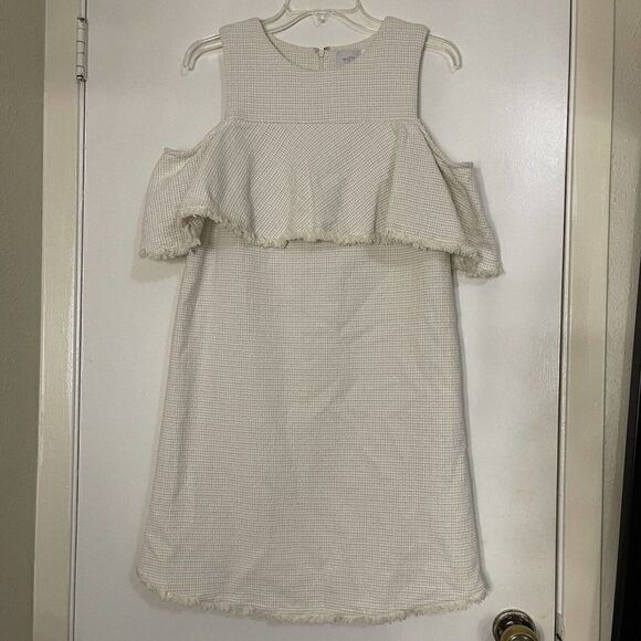 HD IN PARIS TWEEDED OPEN-SHOULDER DRESS COLD SHOULDER DRESS IVORY ANTHROPOLOGIE - Picture 2 of 7